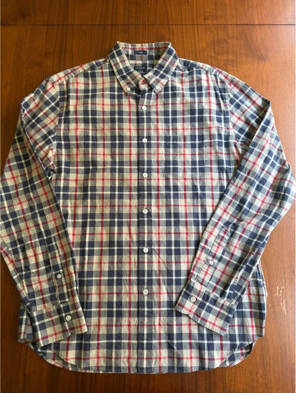 J.Crew Flex Washed Slim Fit Long Sleeve Tan/Navy/Red Plaid Shirt - Size L